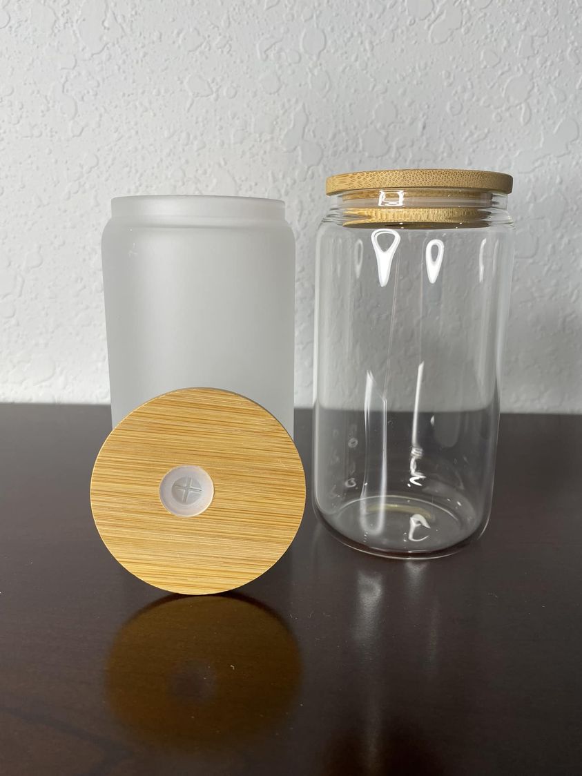Frosted Can Shaped Glass with Bamboo lid and plastic straw